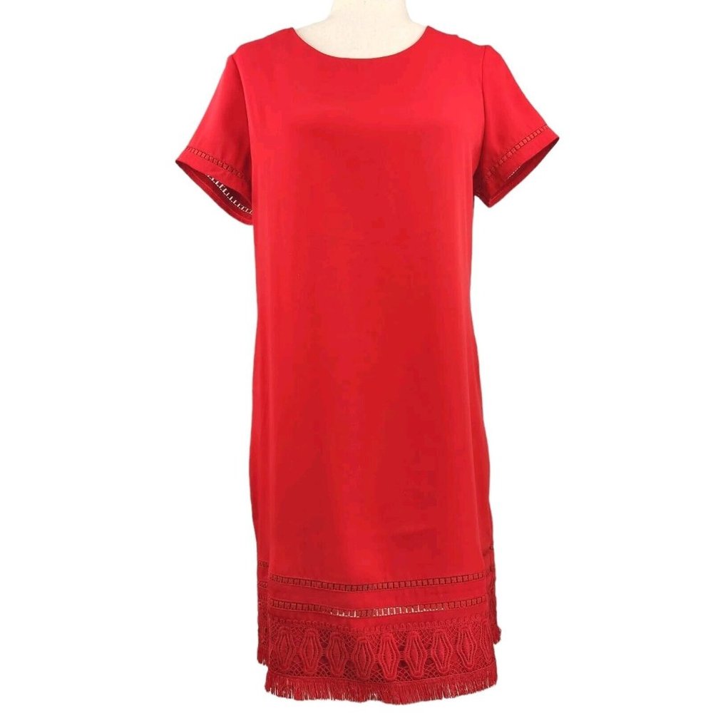 Cynthia Rowley Shift Dress Womens Sz 6 Red Cut-outs‎ Crochet Fringe Short Sleeve
